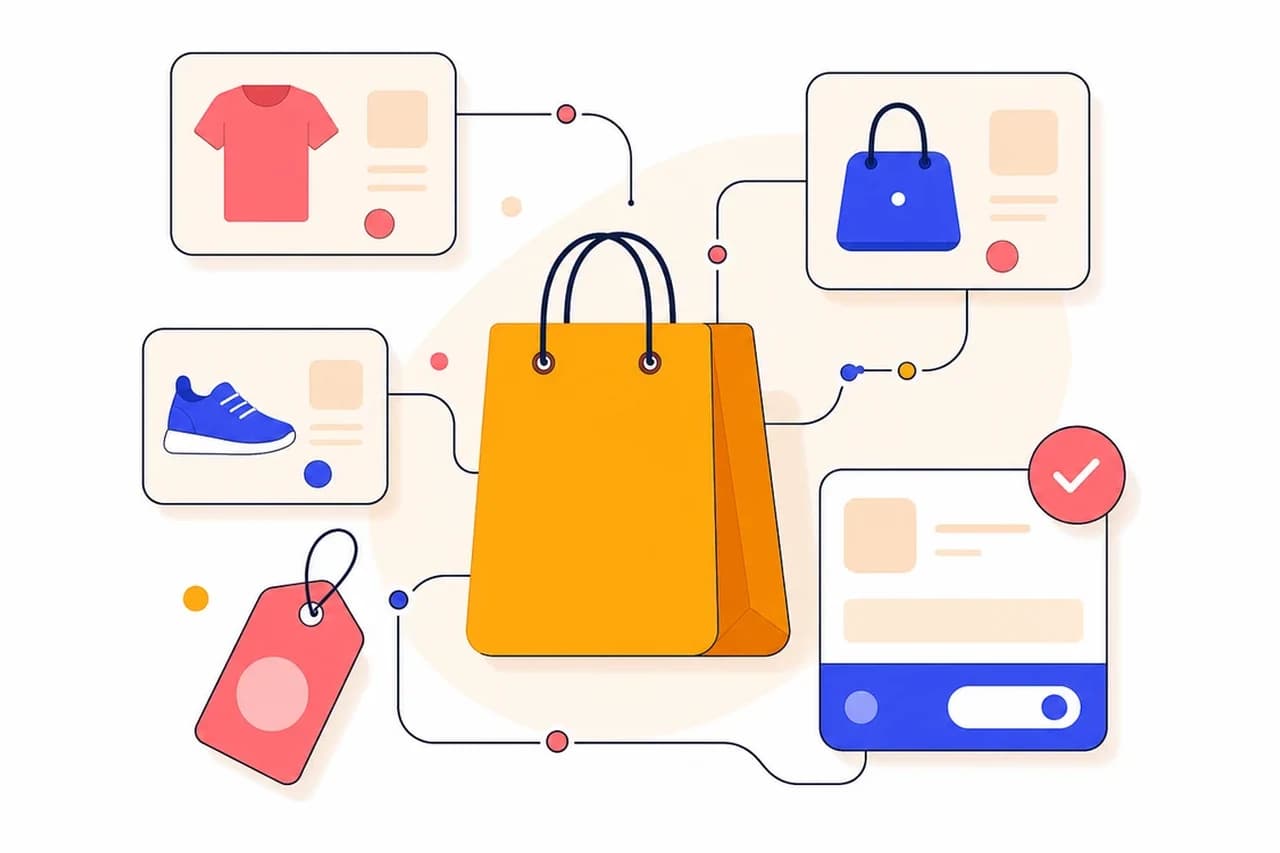 Illustration of a shopping bag surrounded by product cards, a price tag, and a checkout panel