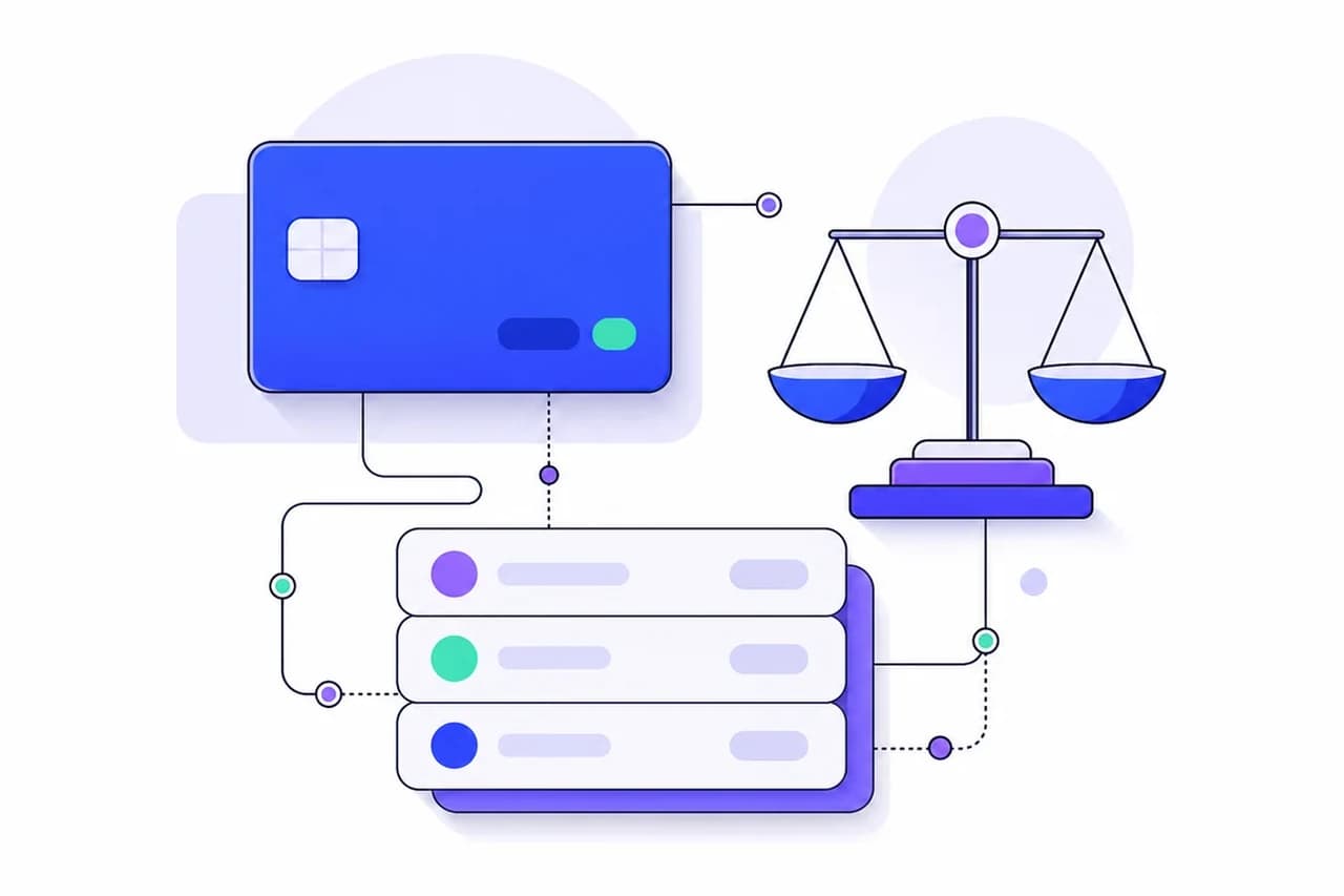 Illustration of a payment card, a balance scale, and stacked transaction rows connected by data lines