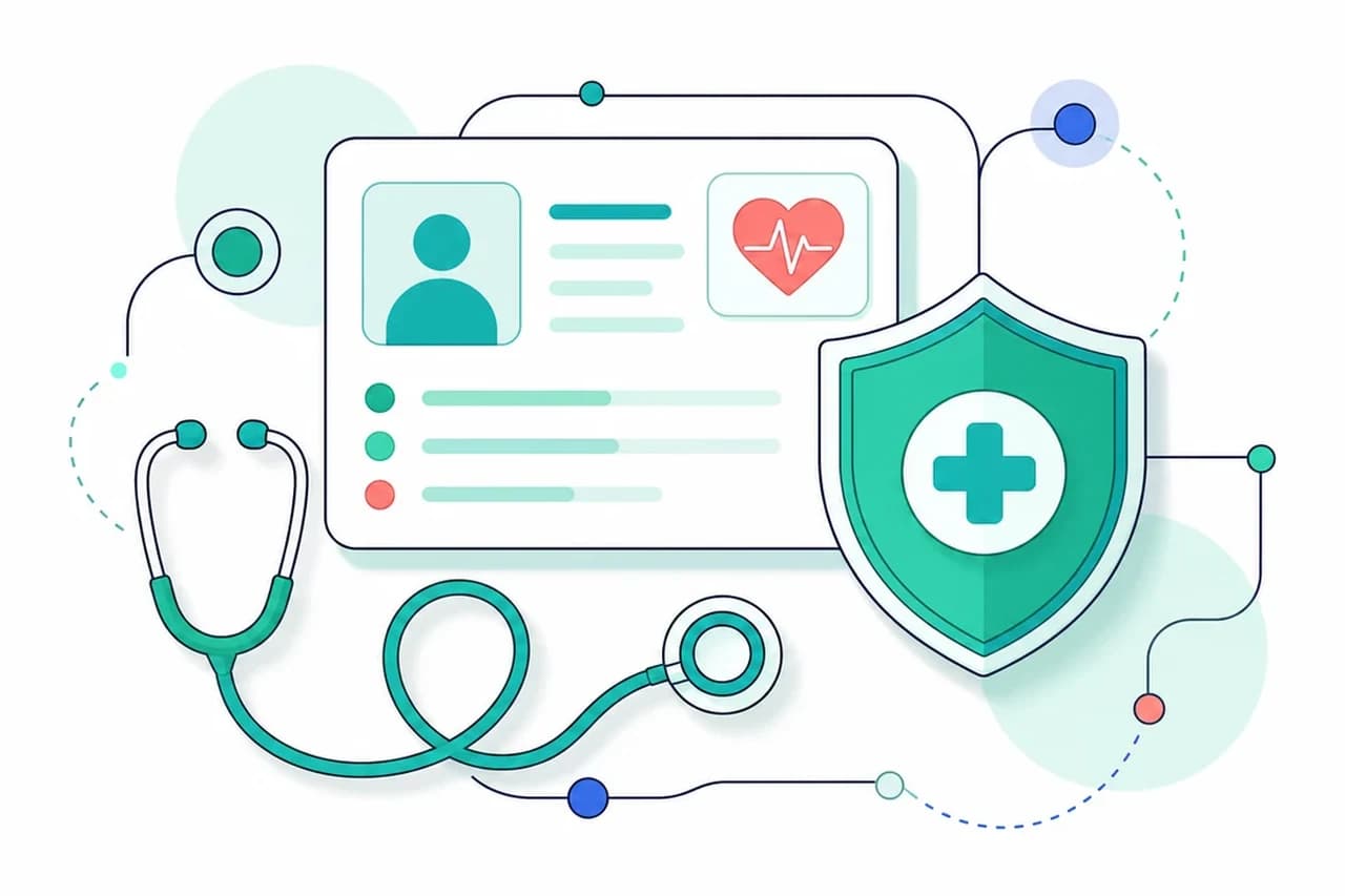 Illustration of a patient record card, a heartbeat line, a stethoscope, and a protective shield