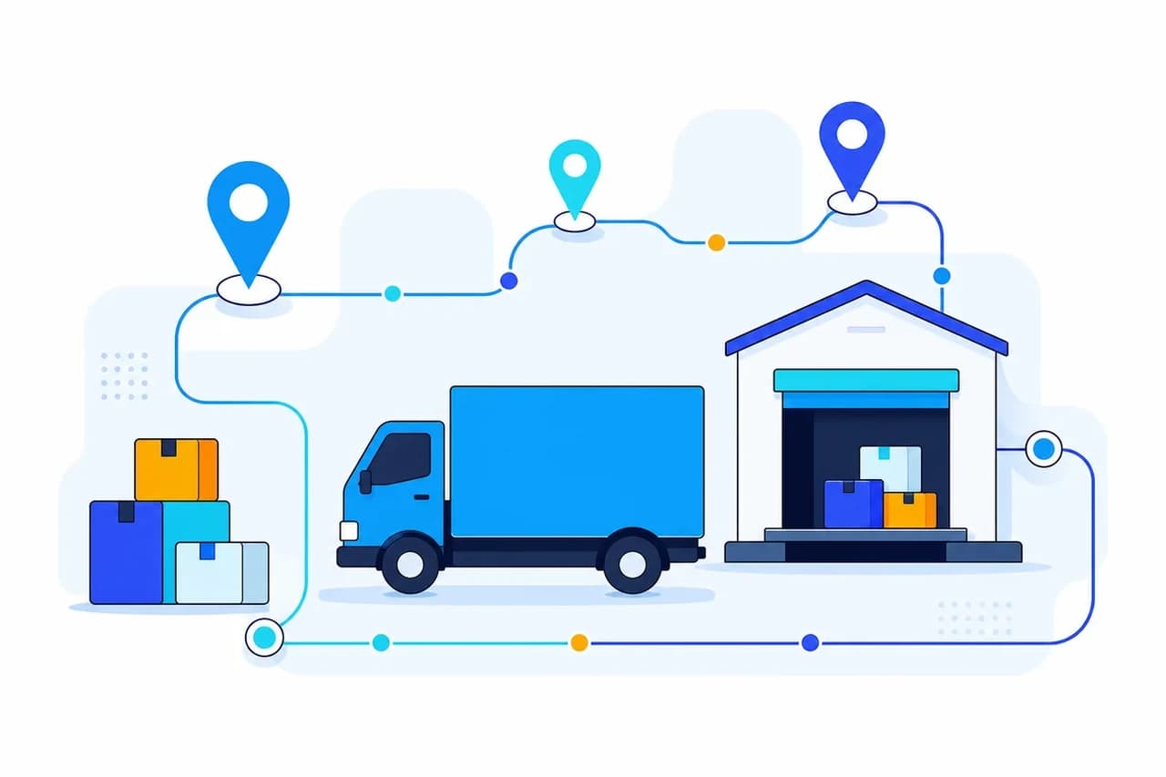 Illustration of a delivery truck, a route line with map pins, cargo boxes, and a warehouse dock