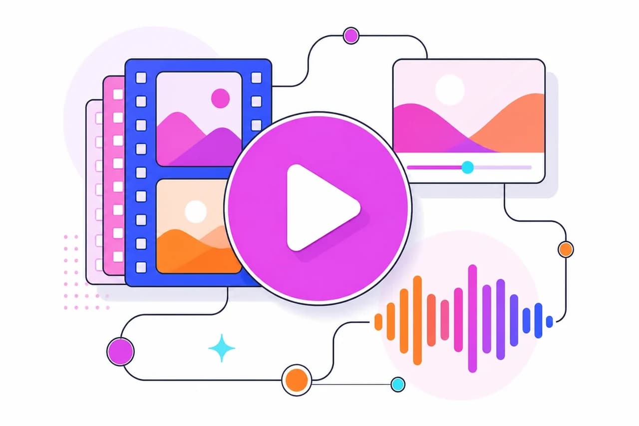 Illustration of a play button over film strips, a video card, and an audio waveform