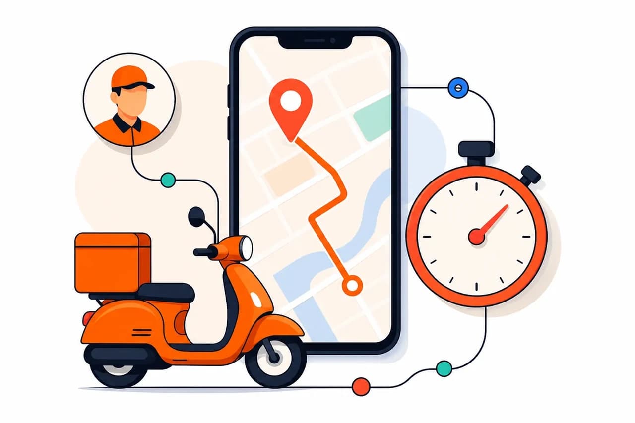 Illustration of a phone showing a delivery route, a scooter, a stopwatch, and a courier avatar