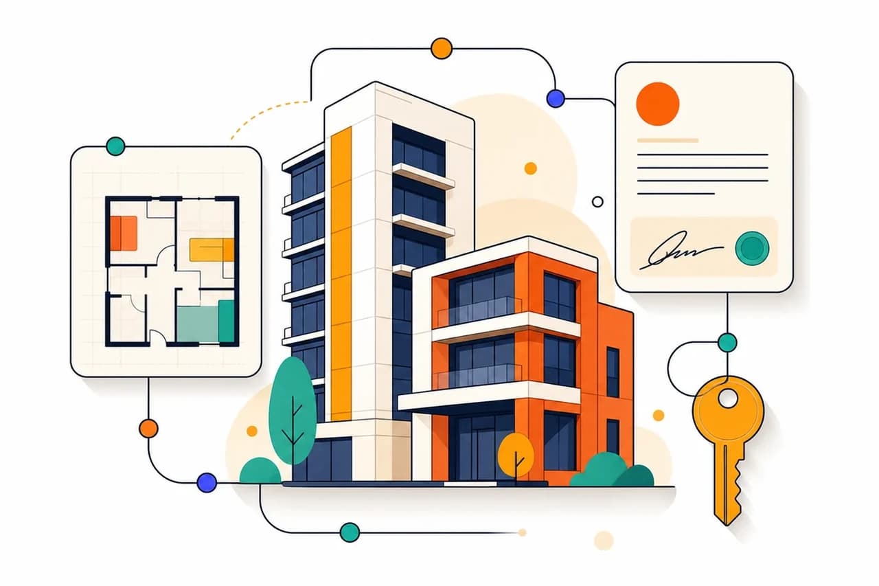 Illustration of modern buildings beside a floor plan, a signed document, and a key